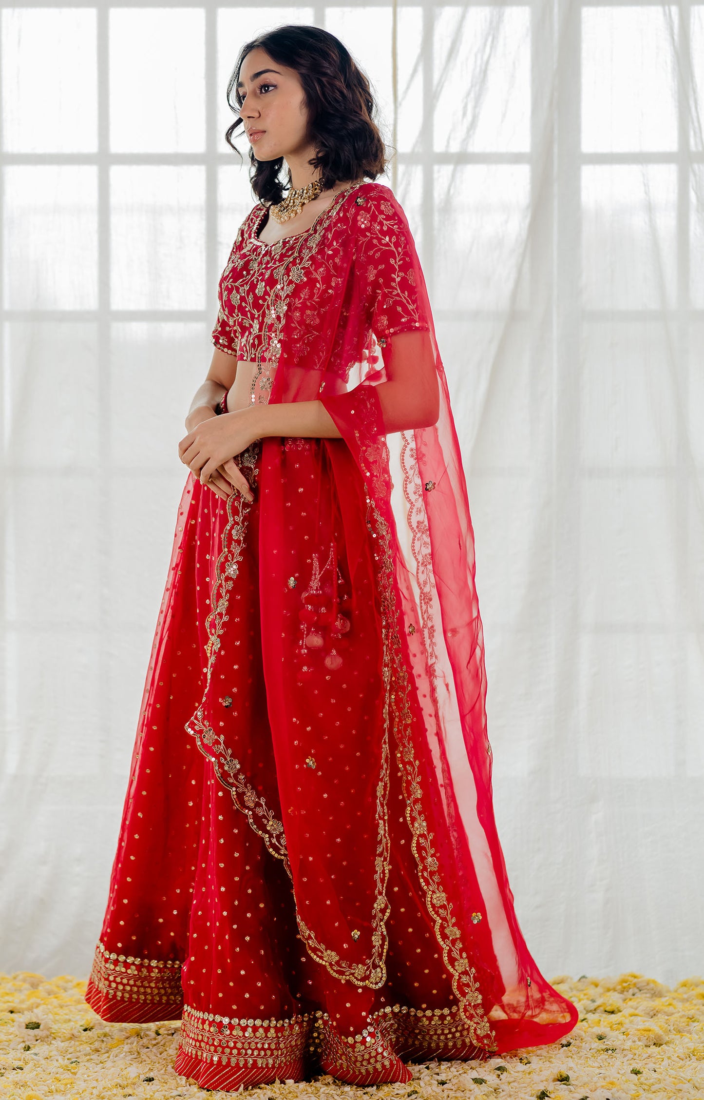 Cherry Red Embroidered Organza Lehenga Set