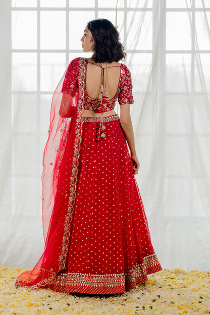 Cherry Red Embroidered Organza Lehenga Set