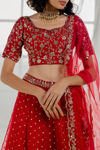 Cherry Red Embroidered Organza Lehenga Set