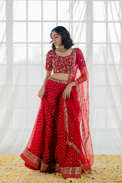 Cherry Red Embroidered Organza Lehenga Set