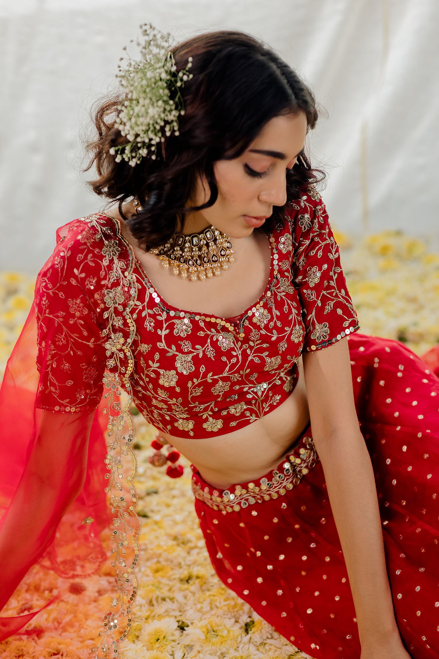 Cherry Red Embroidered Organza Lehenga Set