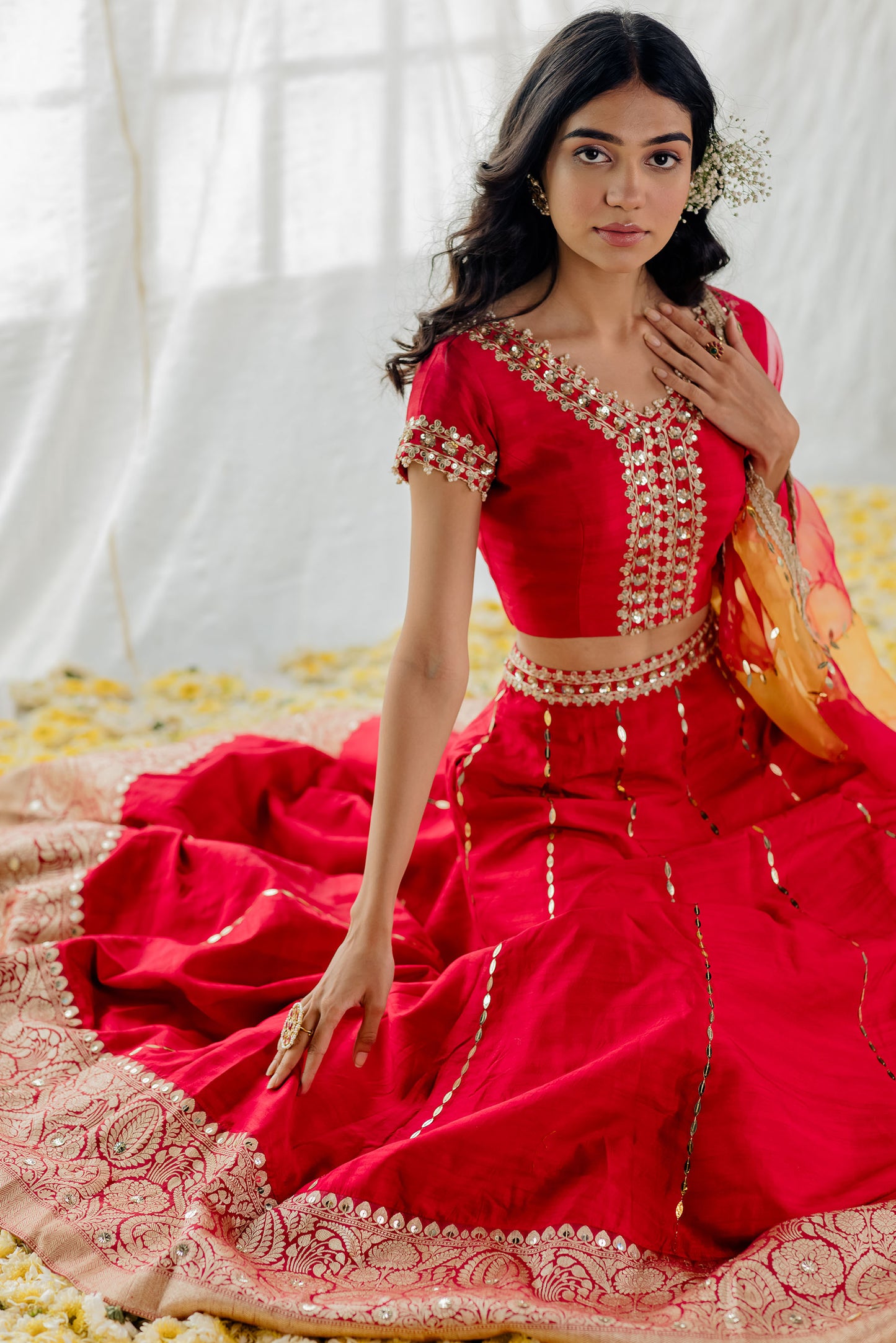 Cherry Red Silk Banarasi Embroidered Lehenga Set