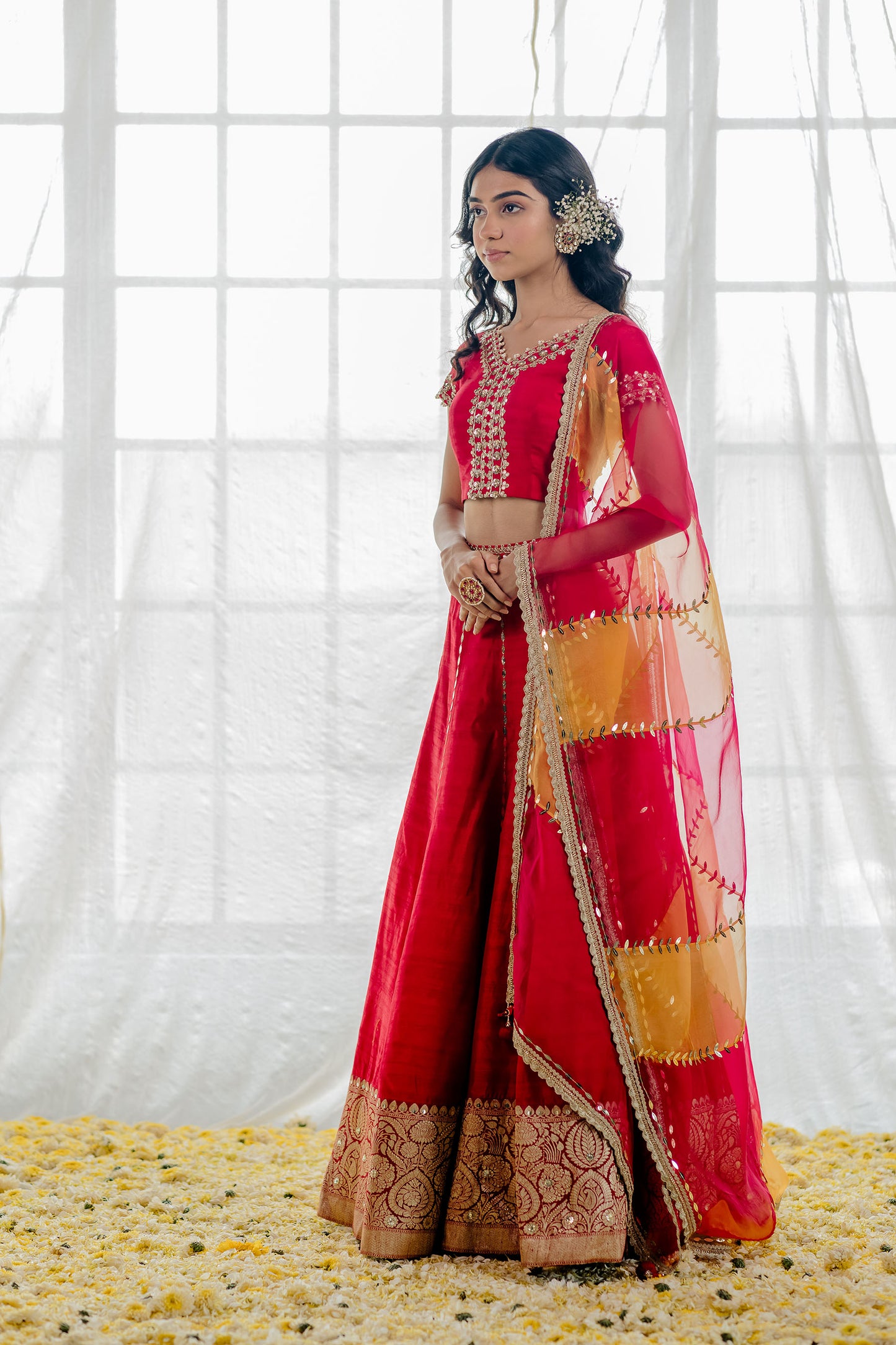 Cherry Red Silk Banarasi Embroidered Lehenga Set