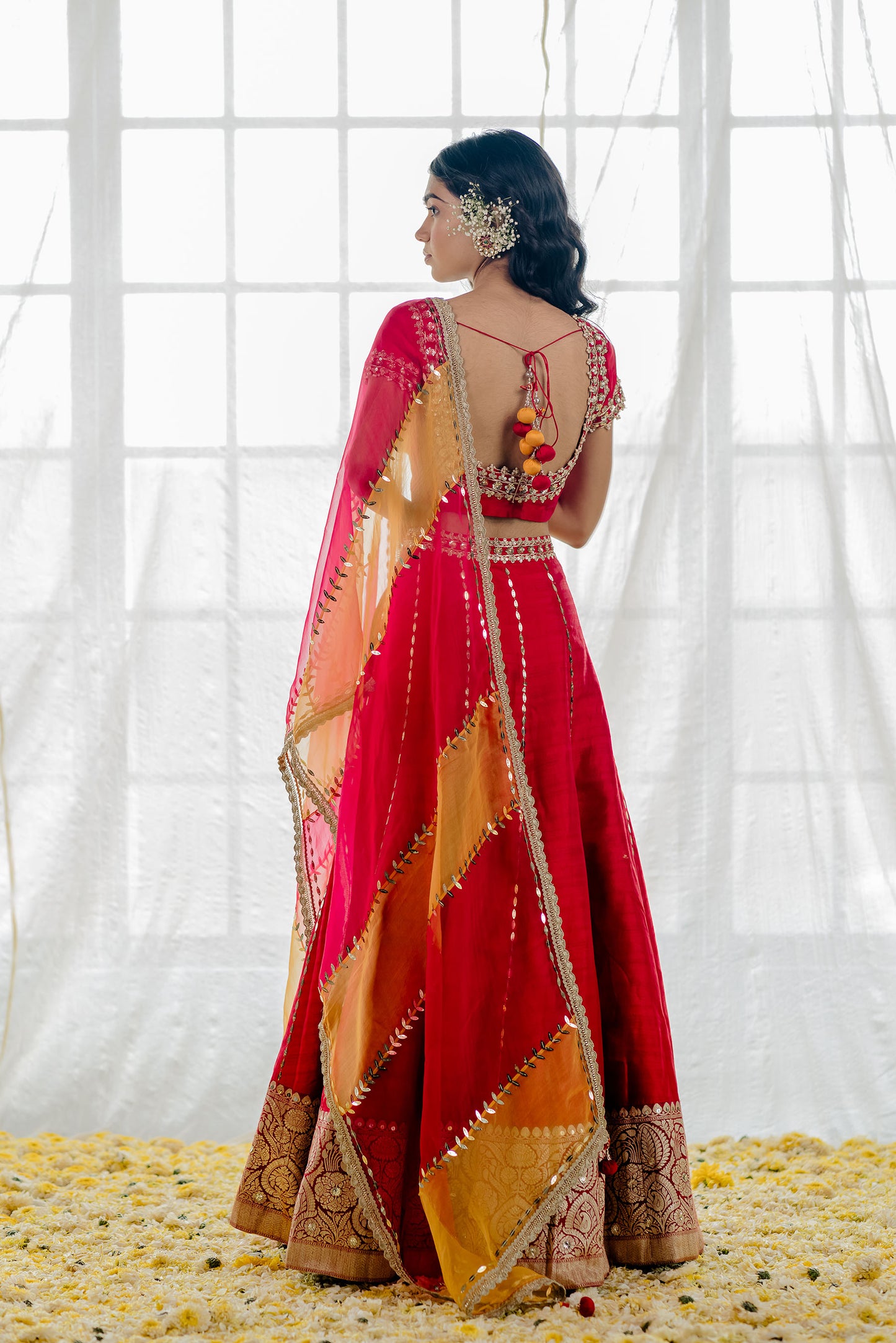 Cherry Red Silk Banarasi Embroidered Lehenga Set