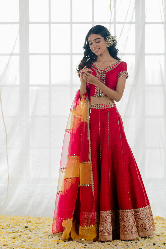 Cherry Red Silk Banarasi Embroidered Lehenga Set