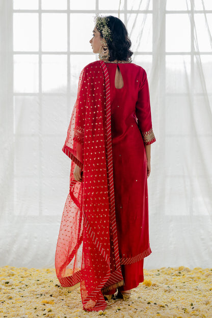 Cherry Red Silk Embroidered Straight Kurta Set