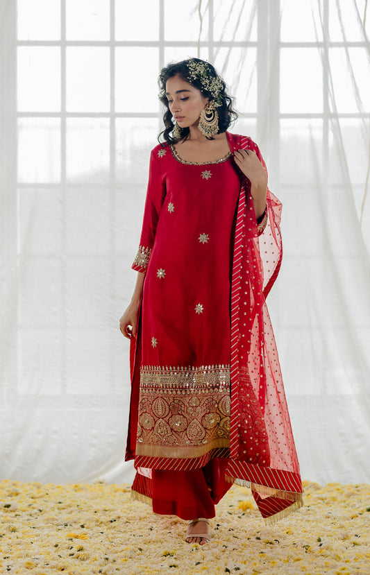 Cherry Red Silk Embroidered Straight Kurta Set