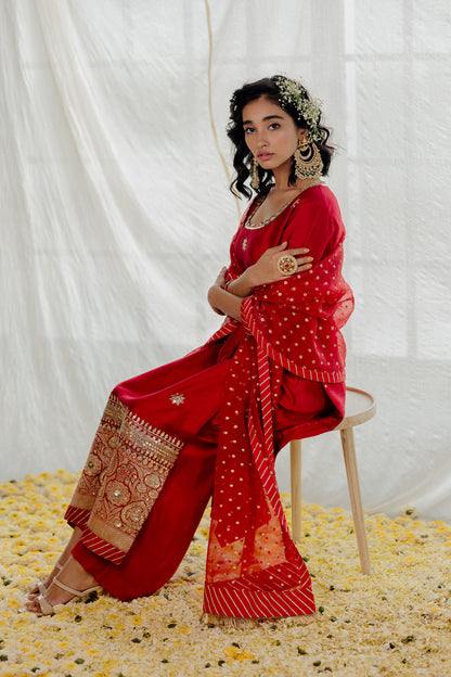 Cherry Red Silk Embroidered Straight Kurta Set