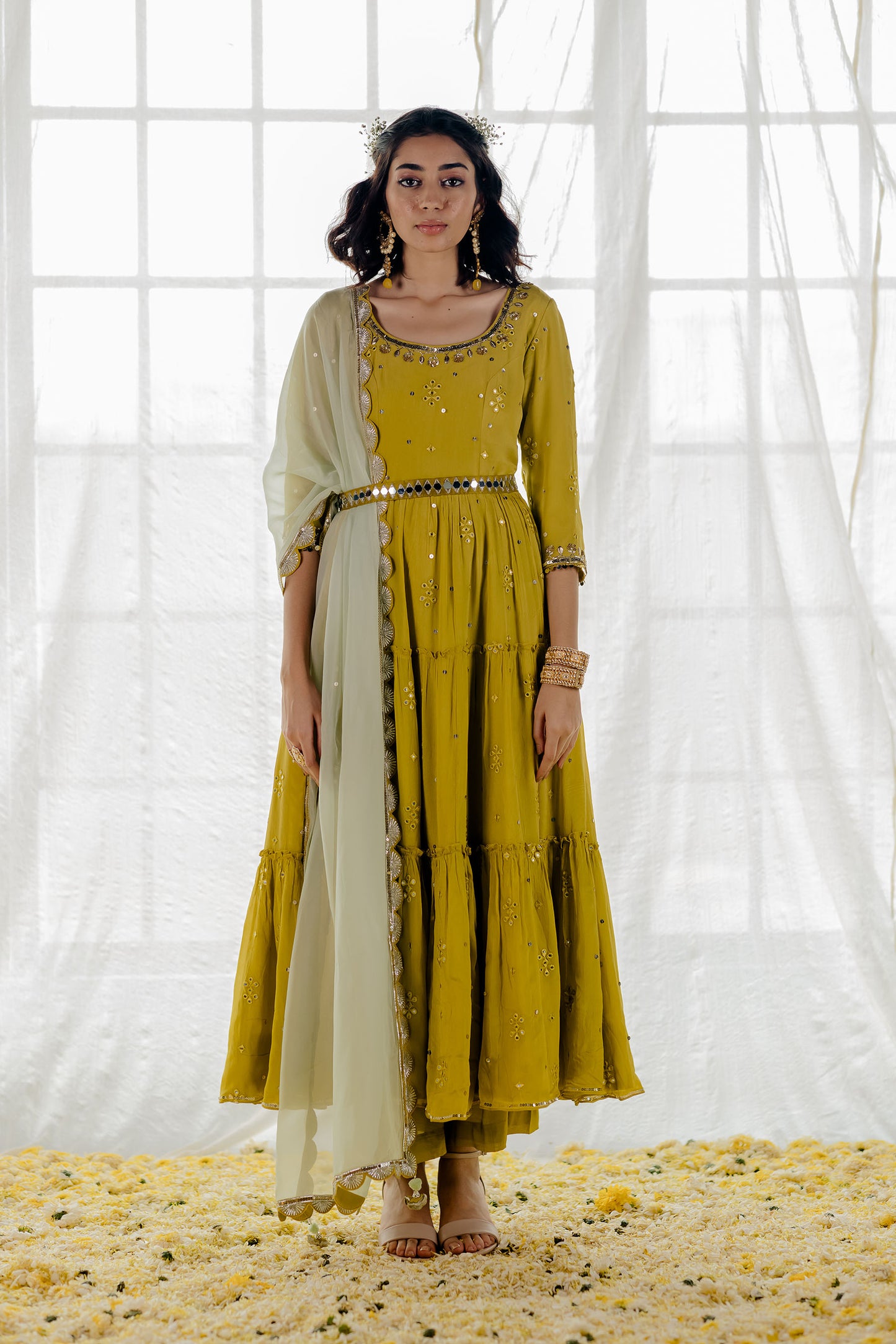 Moss Green Chiffon Tiered Anarkali Set