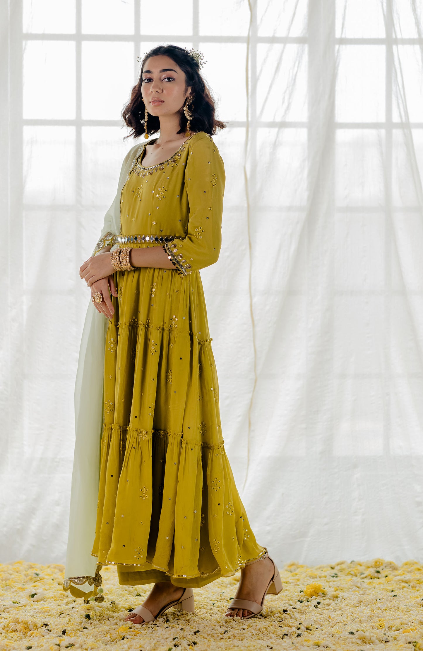 Moss Green Chiffon Tiered Anarkali Set