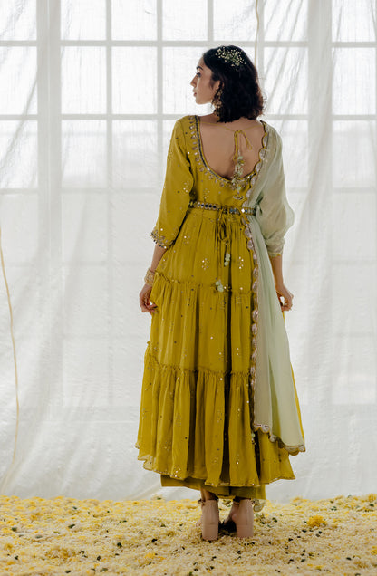 Moss Green Chiffon Tiered Anarkali Set