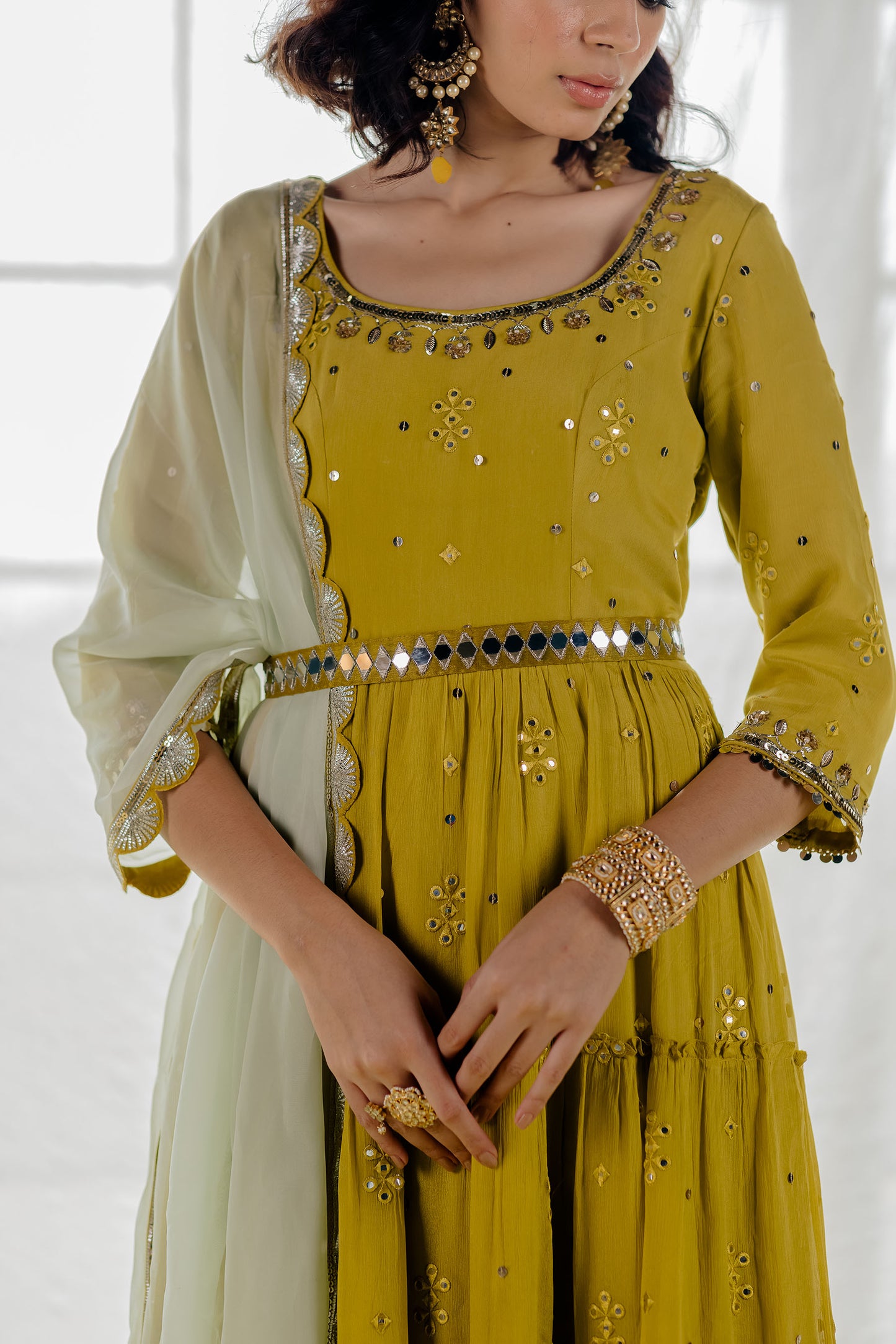 Moss Green Chiffon Tiered Anarkali Set