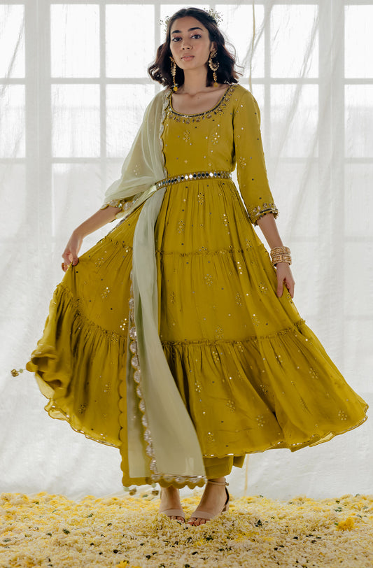 Moss Green Chiffon Tiered Anarkali Set