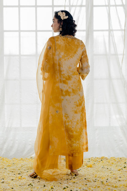 Mustard Georgette Tie-Dye Straight Kurta Set