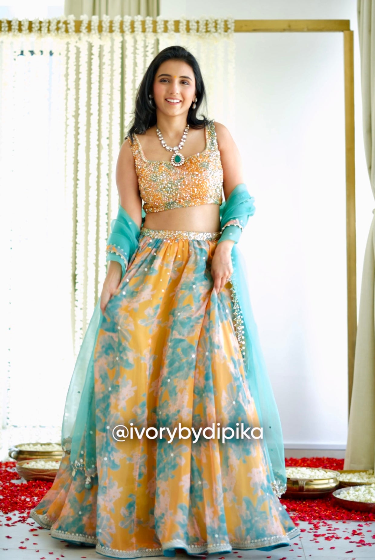 Masoom Minawala - Mustard Floral Organza Lehenga Set