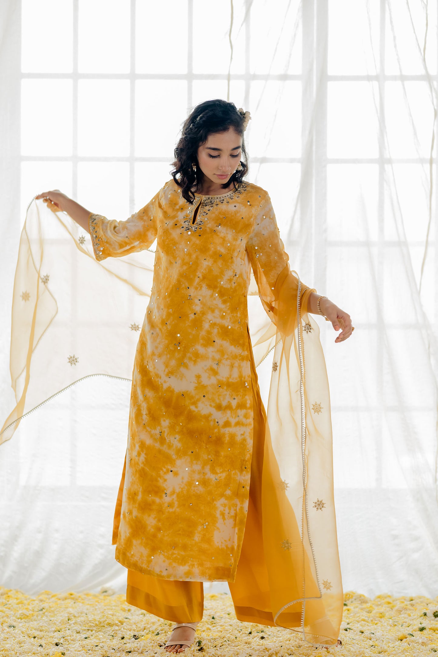 Mustard Georgette Tie-Dye Straight Kurta Set