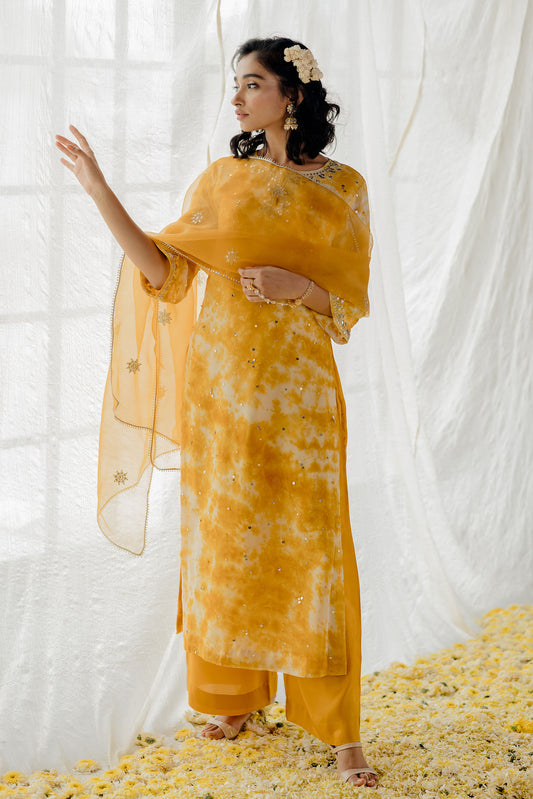 Mustard Georgette Tie-Dye Straight Kurta Set