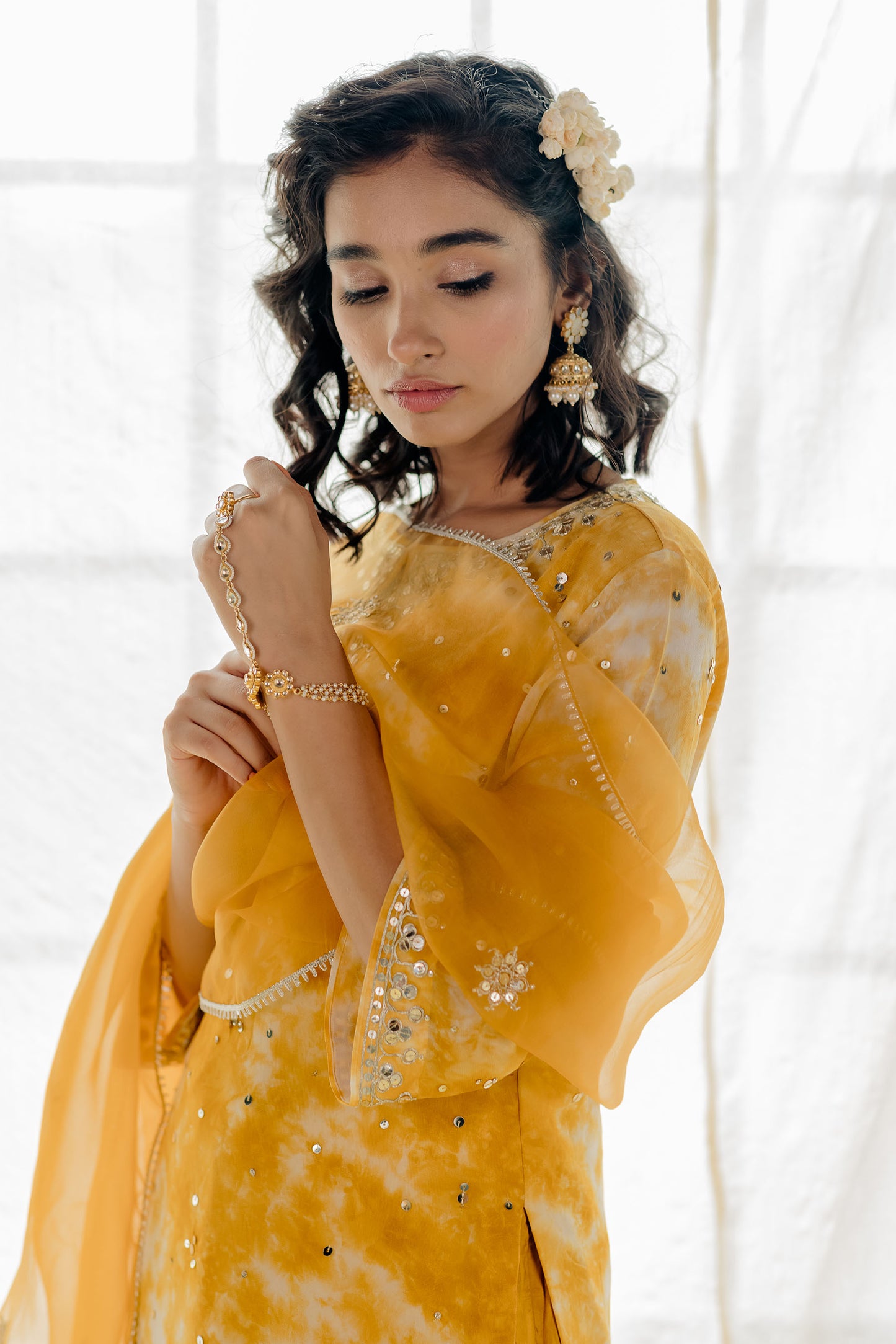 Mustard Georgette Tie-Dye Straight Kurta Set