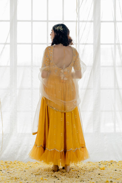 Mustard Silk Embroidered Anarkali Set