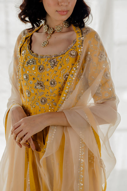 Mustard Silk Embroidered Anarkali Set