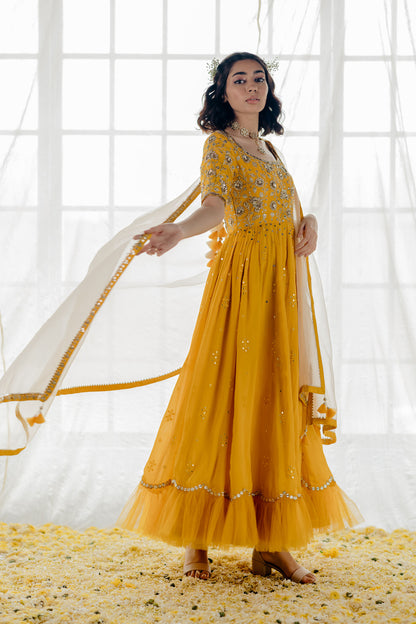 Mustard Silk Embroidered Anarkali Set