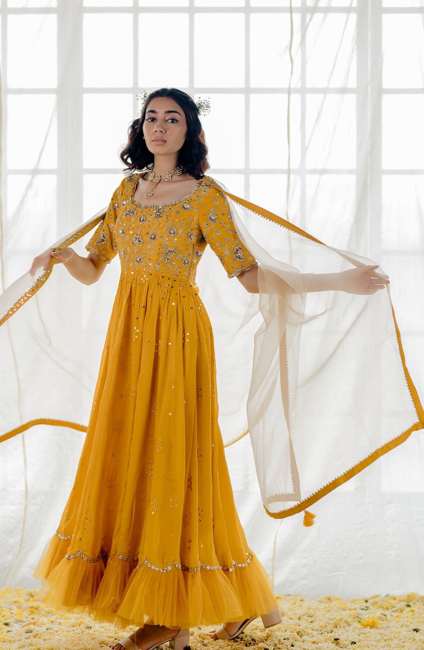 Mustard Silk Embroidered Anarkali Set