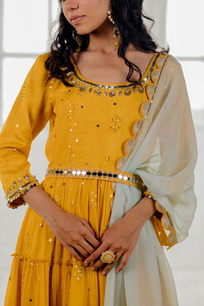 Mustard Chiffon Tiered Anarkali Set