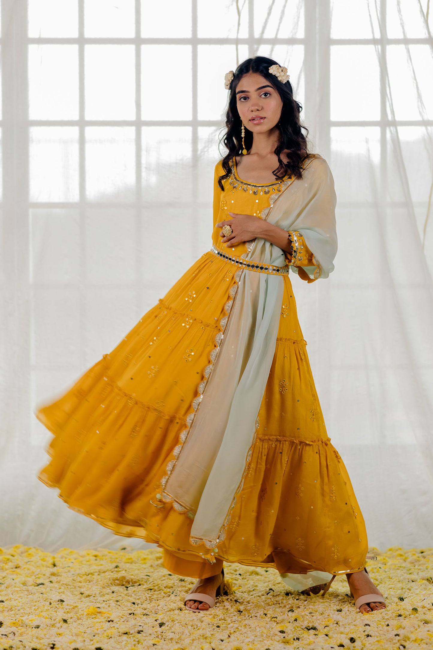 Mustard Chiffon Tiered Anarkali Set