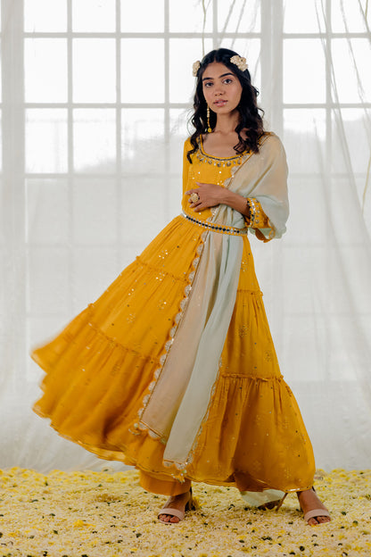 Mustard Chiffon Tiered Anarkali Set