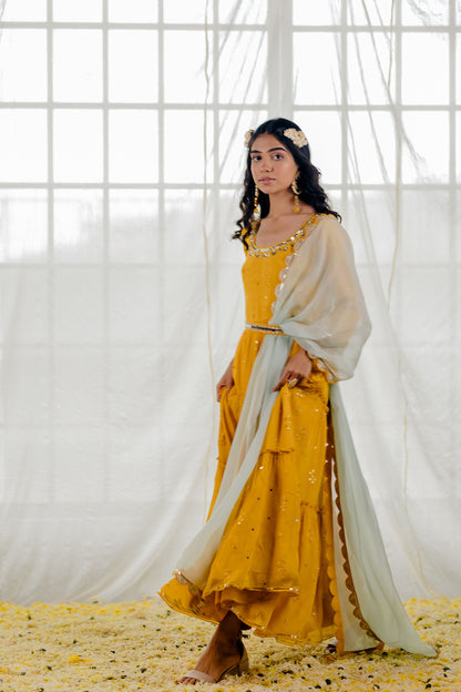 Mustard Chiffon Tiered Anarkali Set