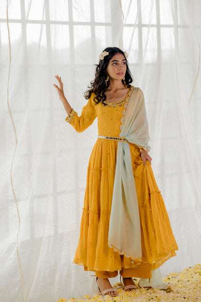 Mustard Chiffon Tiered Anarkali Set