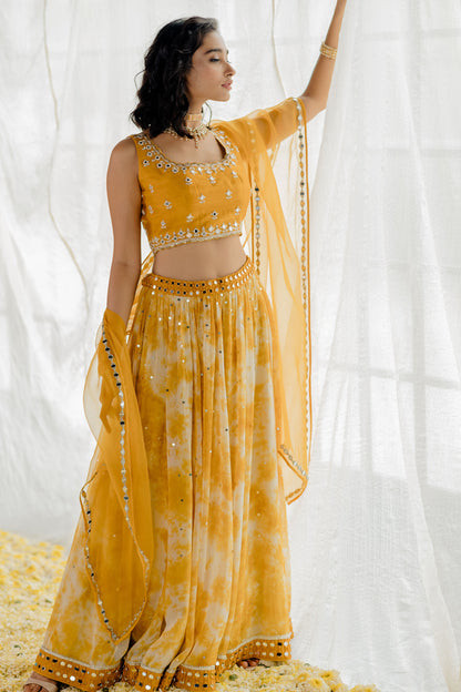 Mustard Tie-Dye Mirror-Work Lehenga Set