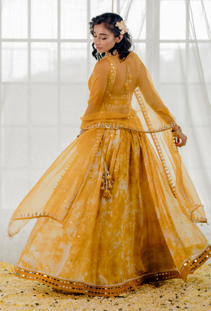 Mustard Tie-Dye Mirror-Work Lehenga Set