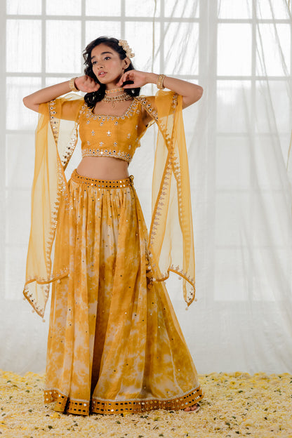 Mustard Tie-Dye Mirror-Work Lehenga Set