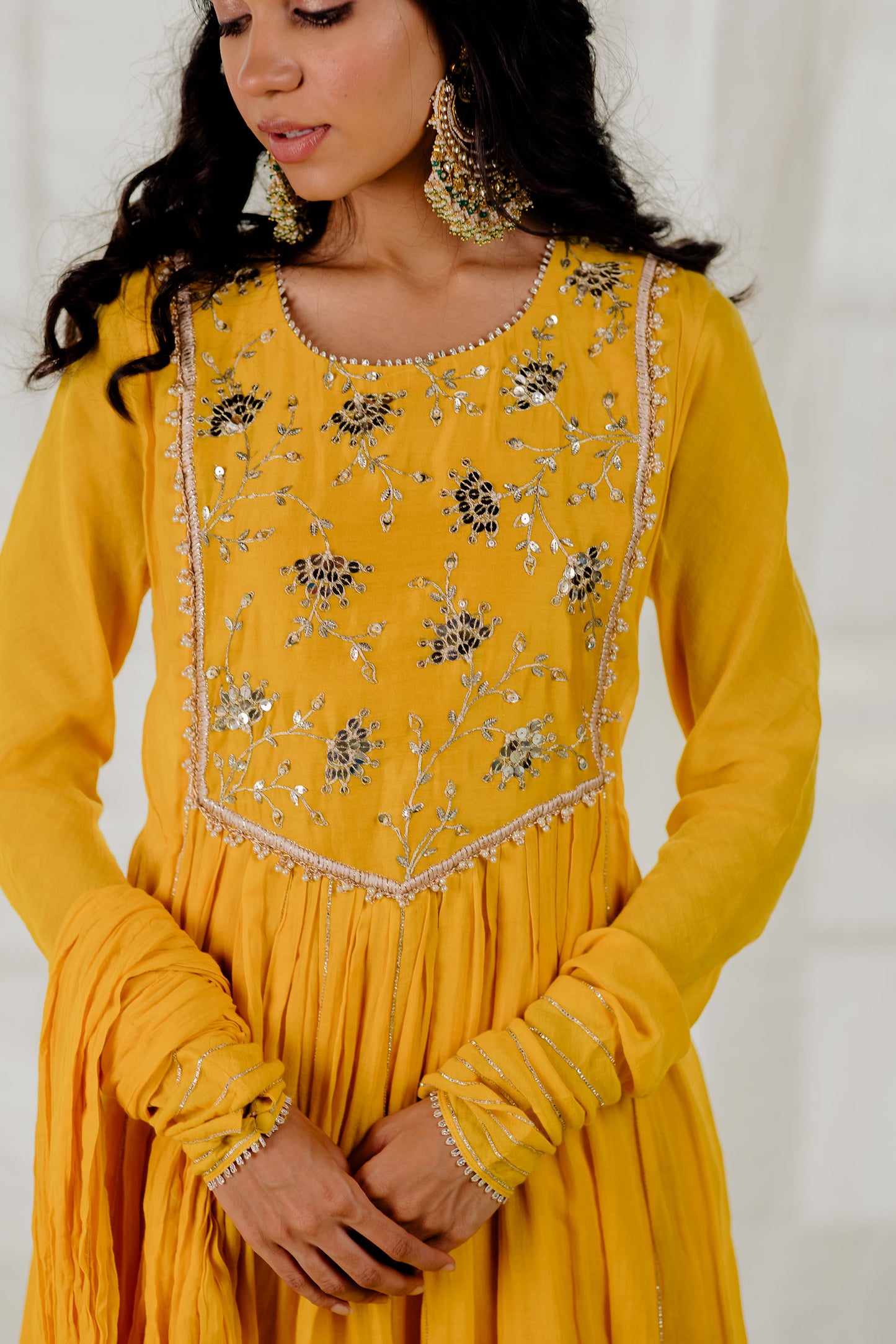 Mustard Cotton Crinkled Anarkali Set