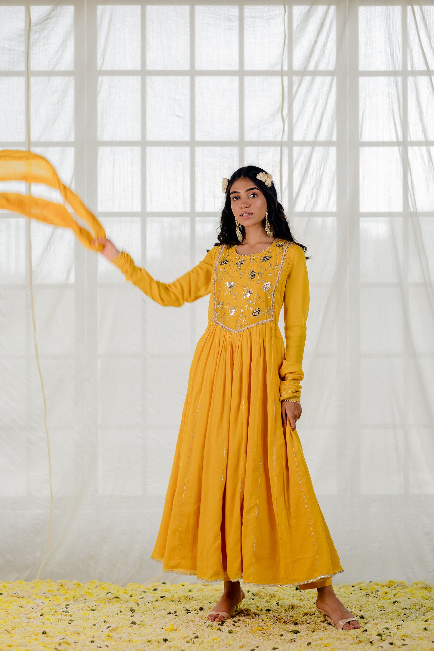 Mustard Cotton Crinkled Anarkali Set