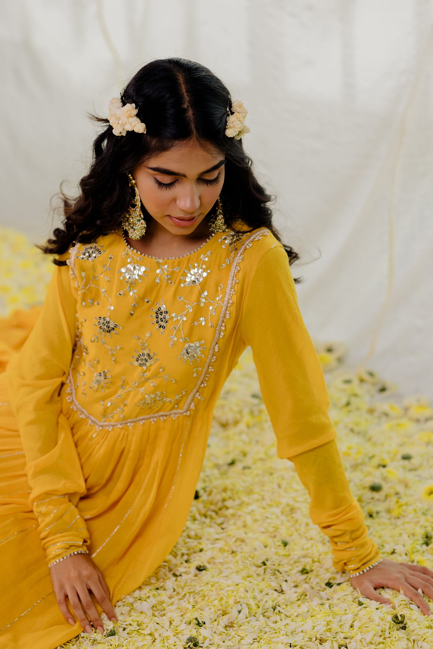 Mustard Cotton Crinkled Anarkali Set