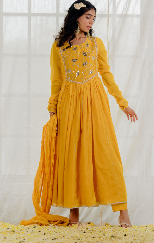 Mustard Cotton Crinkled Anarkali Set