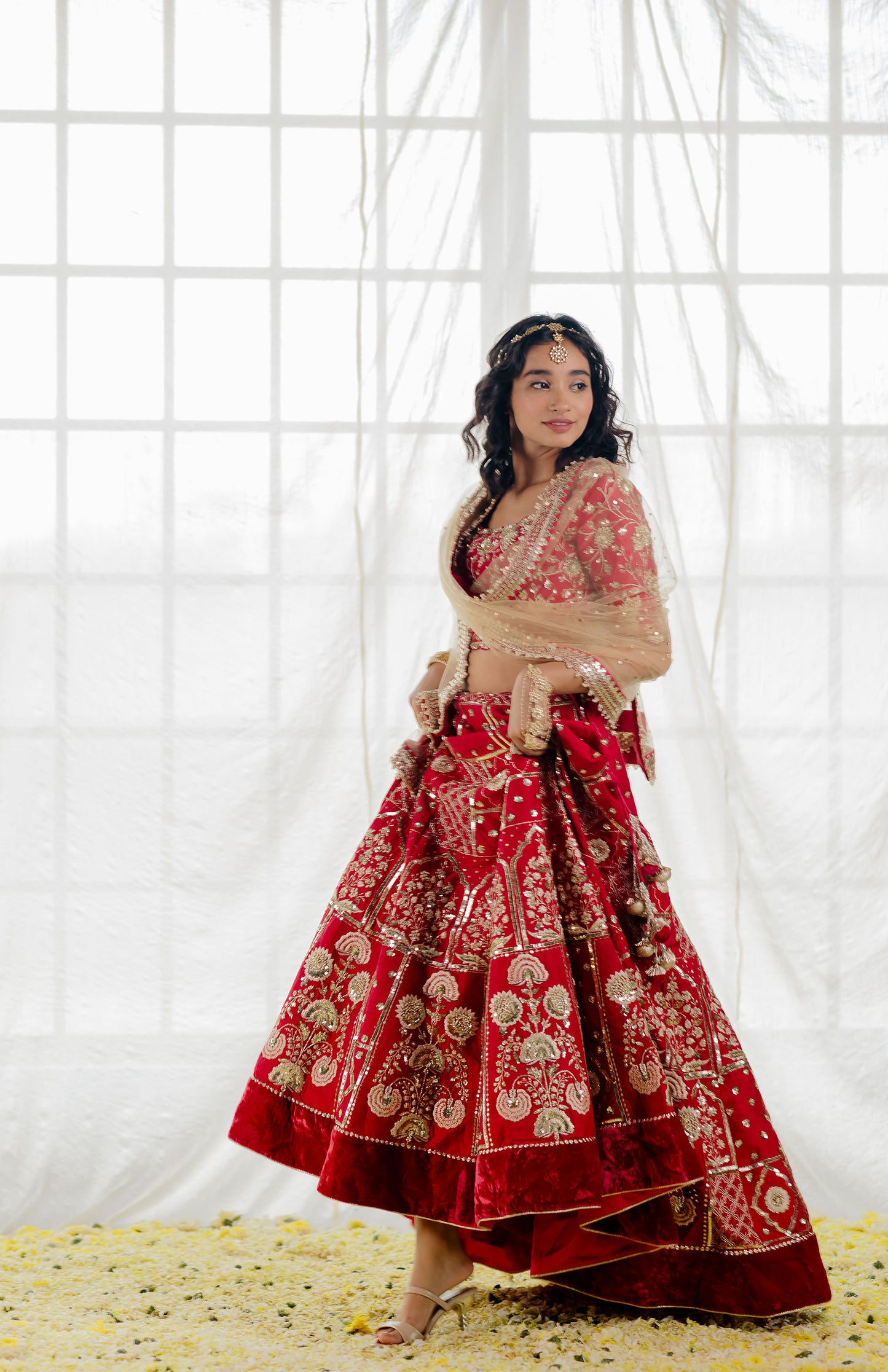 Cherry Red Silk Embroidered Bridal Lehenga Set