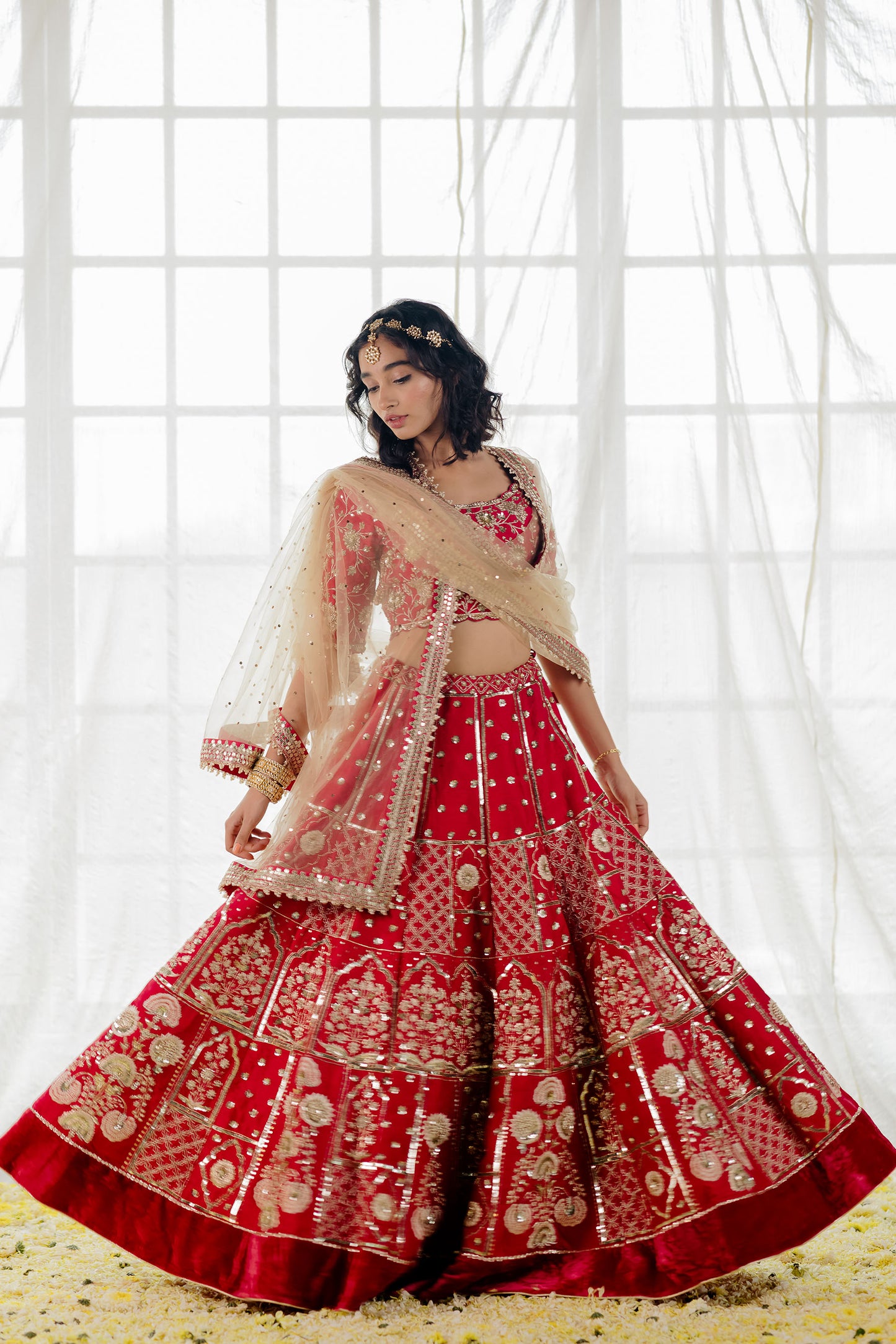 Cherry Red Silk Embroidered Bridal Lehenga Set