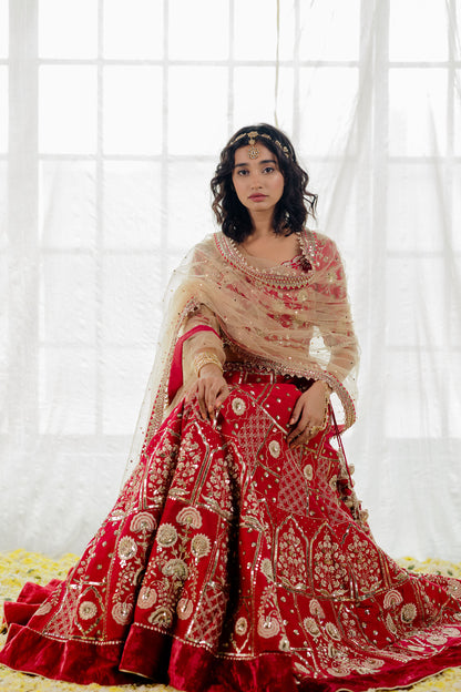 Cherry Red Silk Embroidered Bridal Lehenga Set