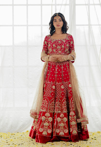 Cherry Red Silk Embroidered Bridal Lehenga Set