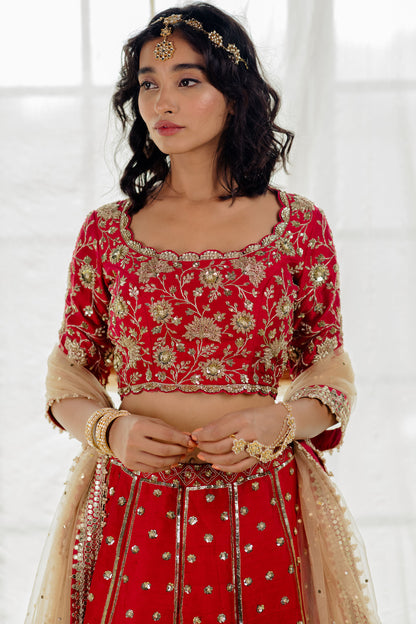 Cherry Red Silk Embroidered Bridal Lehenga Set