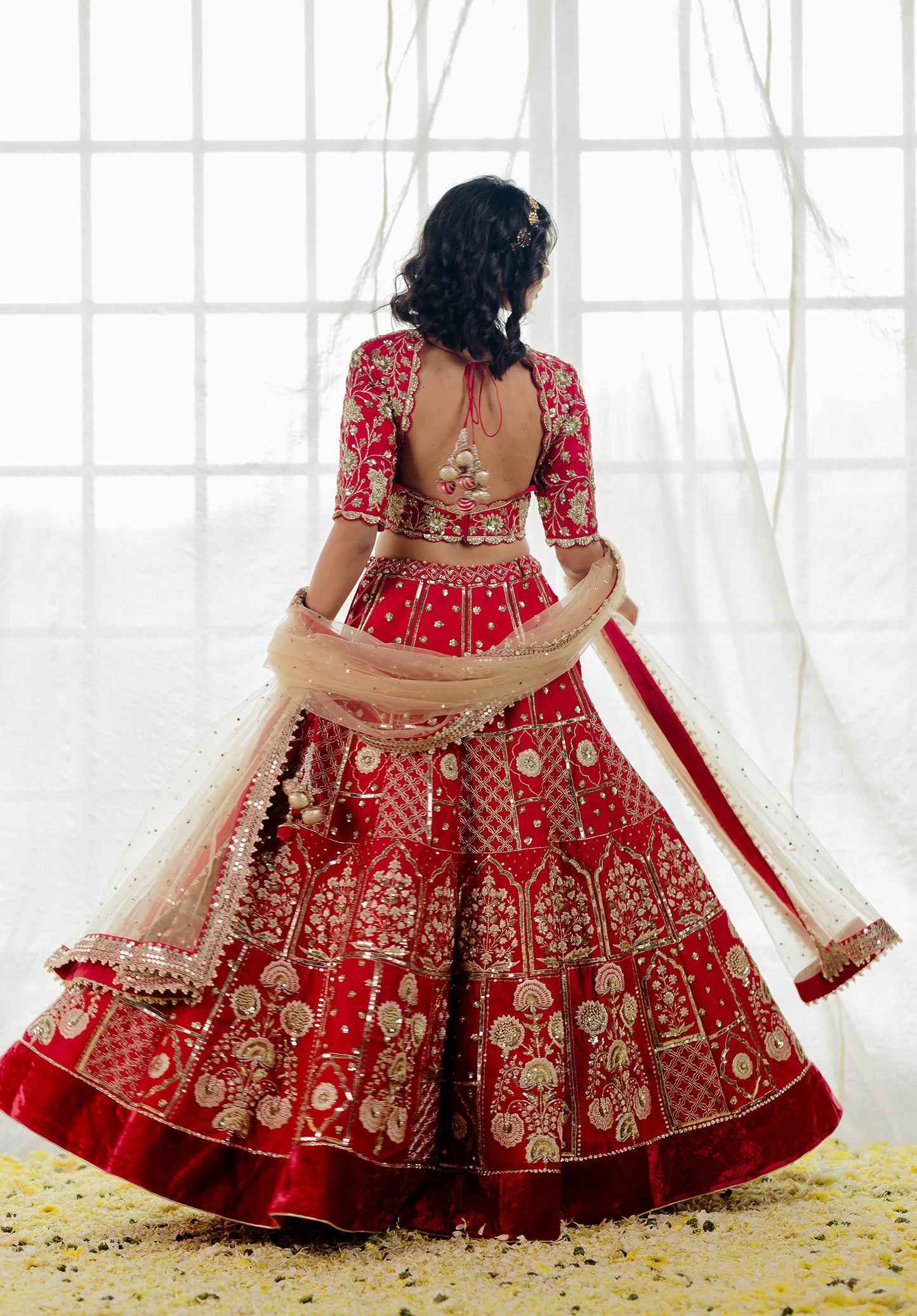 Cherry Red Silk Embroidered Bridal Lehenga Set