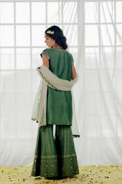 Green Silk Embroidered Sharara Set