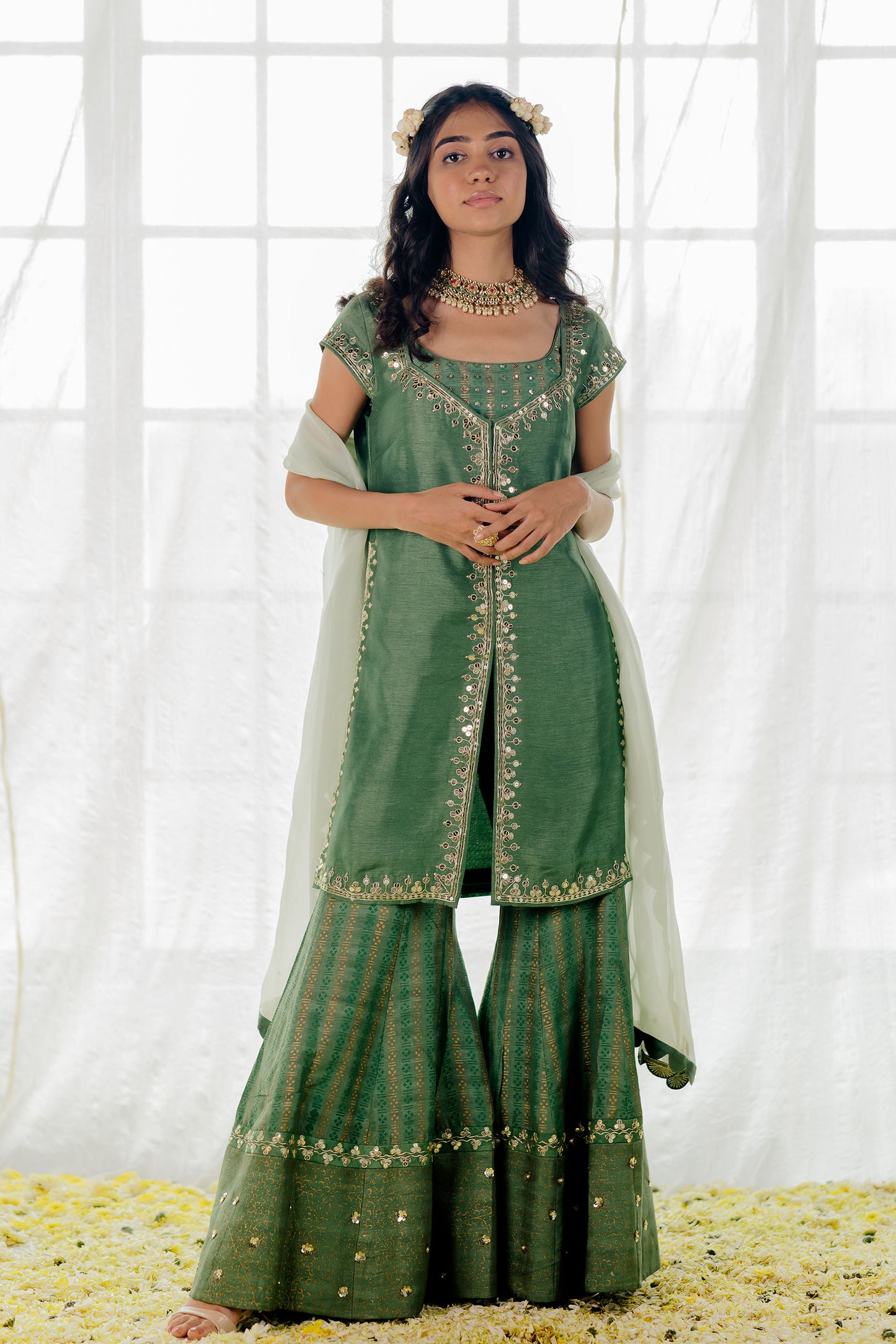 Green Silk Embroidered Sharara Set