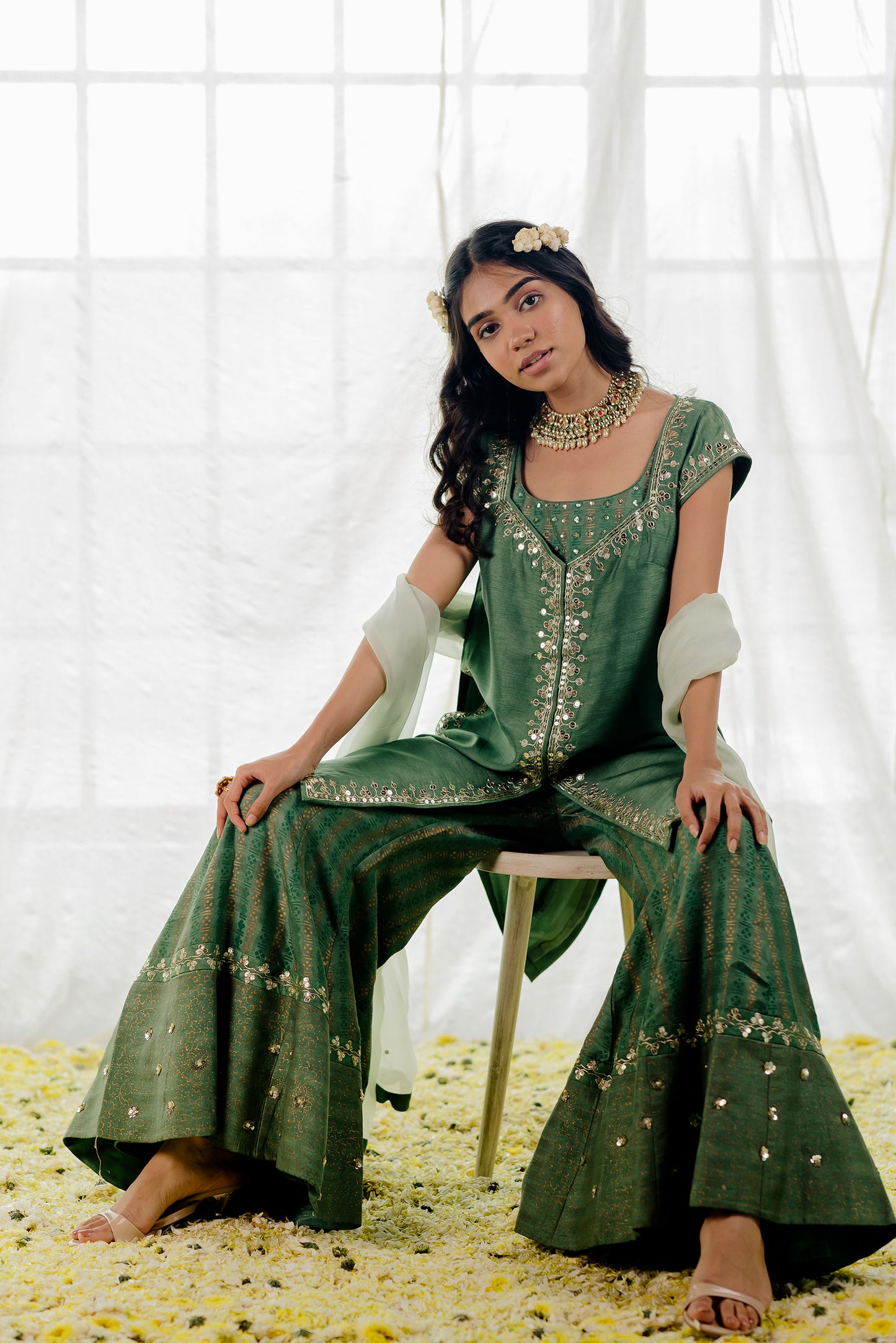 Green Silk Embroidered Sharara Set