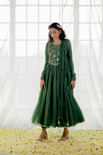 Green Cotton Crinkled Anarkali Set