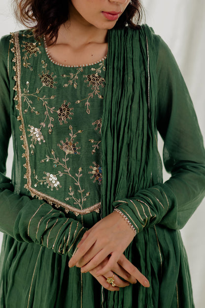 Green Cotton Crinkled Anarkali Set