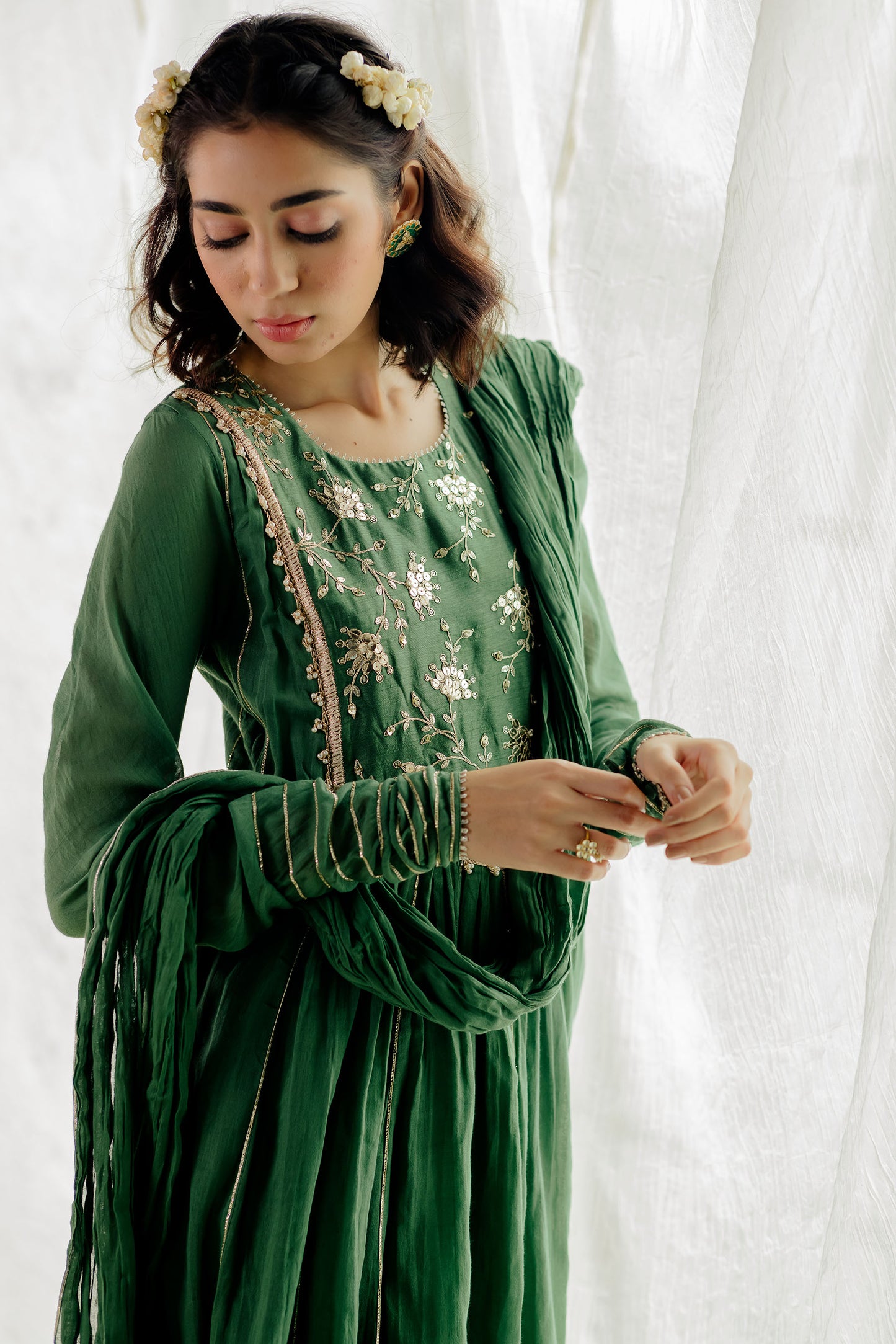 Green Cotton Crinkled Anarkali Set